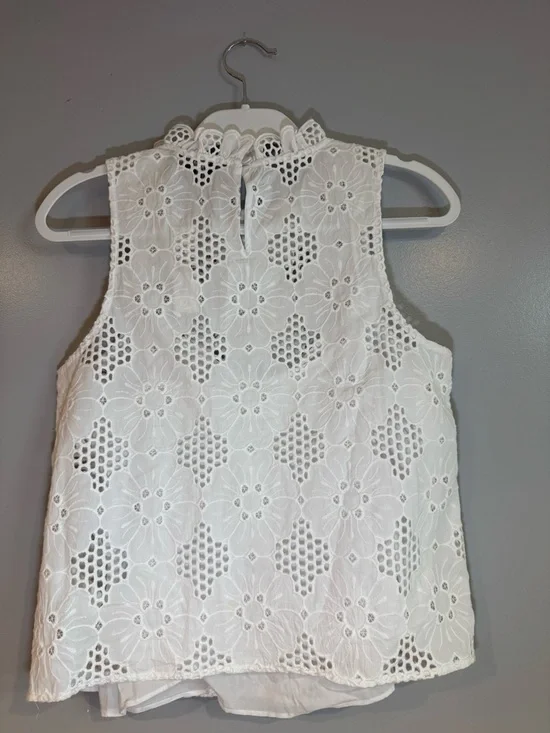 J.CREW White Floral Lace Ruffle High Neck Sleeveless Blouse Women’s XS - Picture 4 of 15